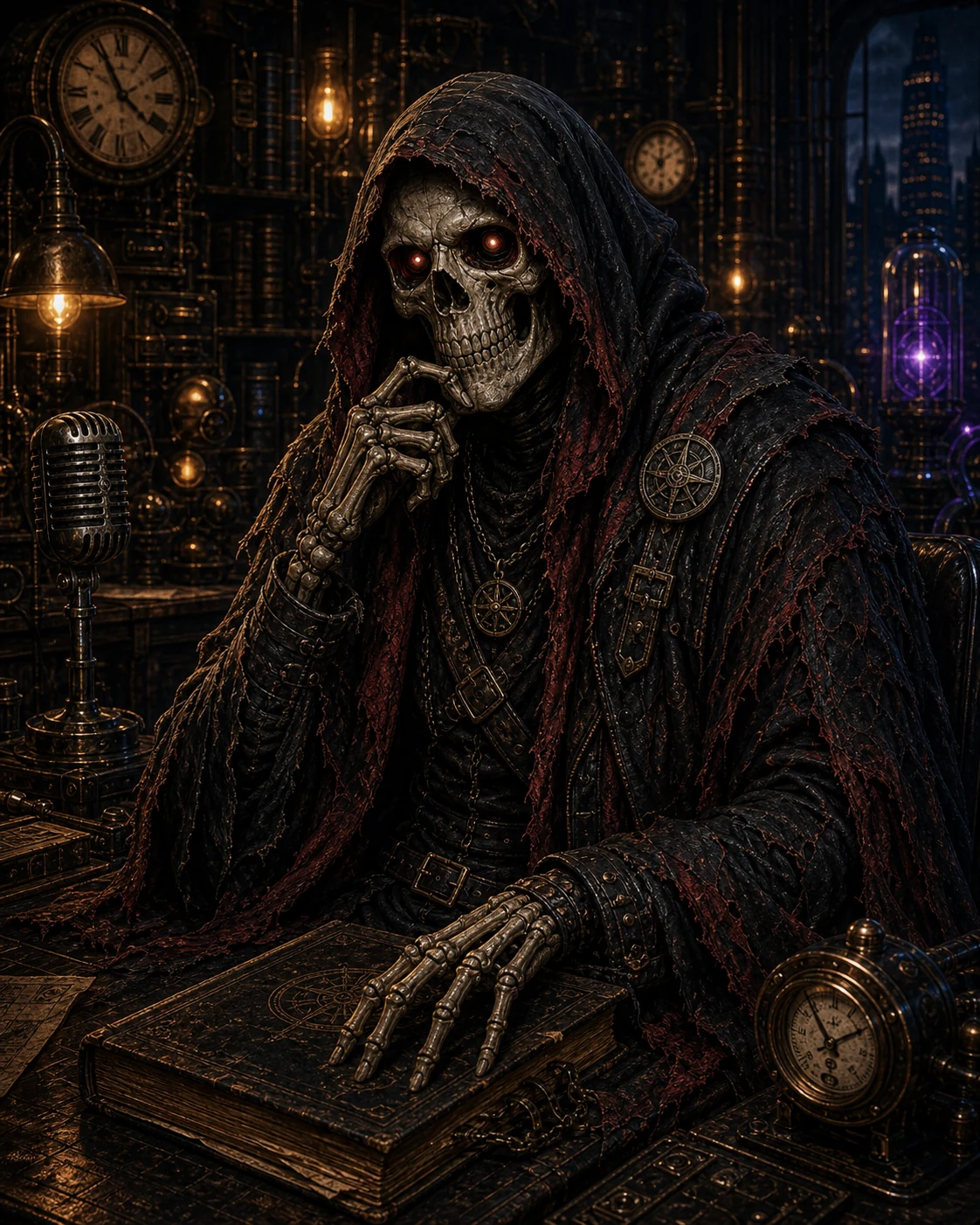 Bob, a composed hooded skeletal companion with red eye glow and layered road-worn garments
