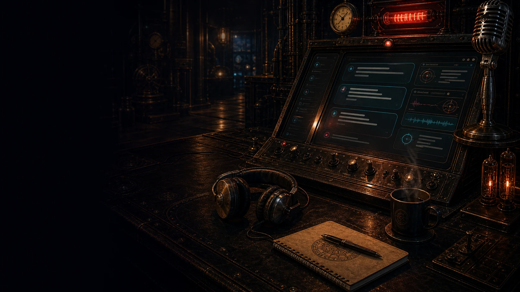 A private dark radio desk with an abstract companion console, microphone, headphones, notebook, and warm red signal light