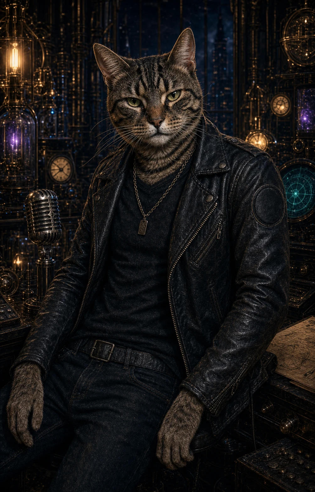 Felix, a clothed humanlike tabby-headed companion in a black leather jacket