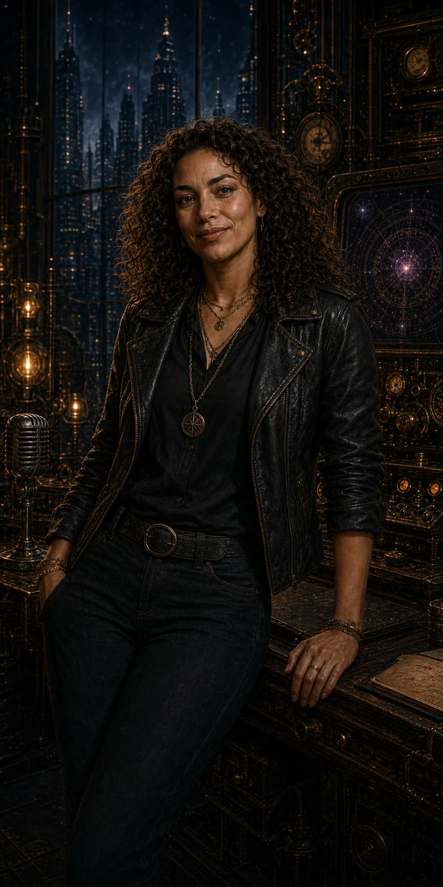 Mae, a grounded human woman with curly dark hair and dark wardrobe in a radio studio